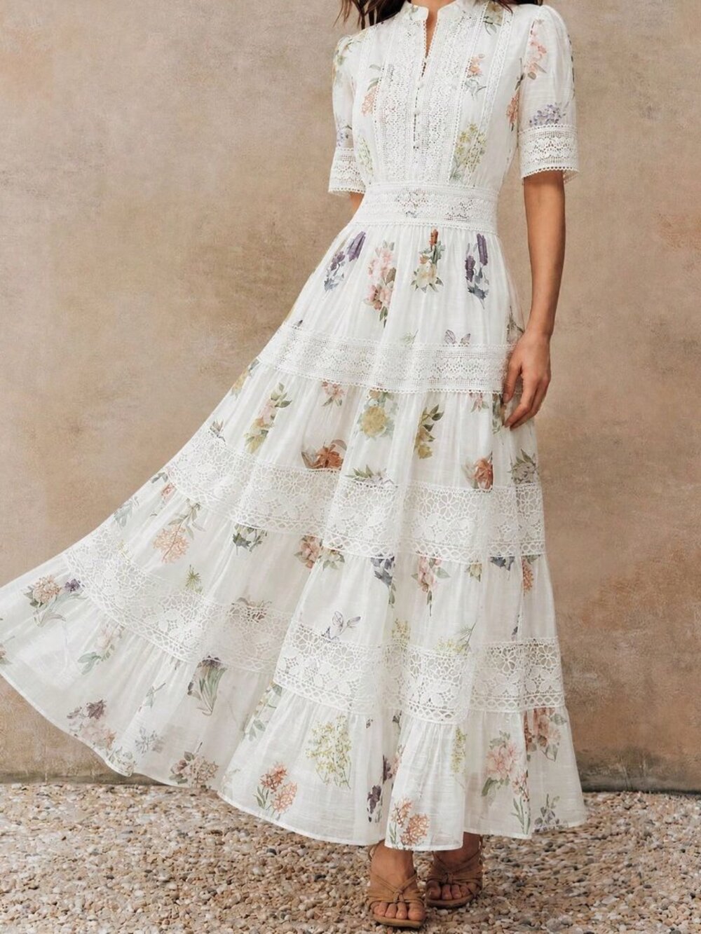 White Boho Women's Floral Print Waist-Cinched Flared Dress - Picture 5 of 8